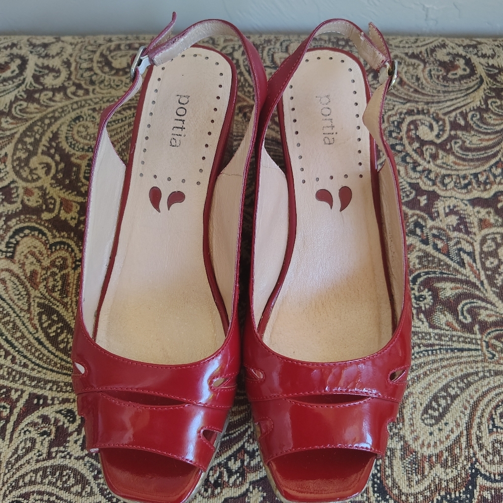 Portia Red Patent Leather Slingback Buckle Adjustable Wedge Sandals Cut-Outs 7M
